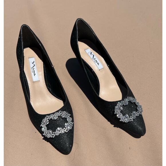 NWOT NINA NEYA BLACK TEXTURED SPARKLY METALLIC JEWELED MID-HEEL DRESS PUMPS 9 - Picture 1 of 11